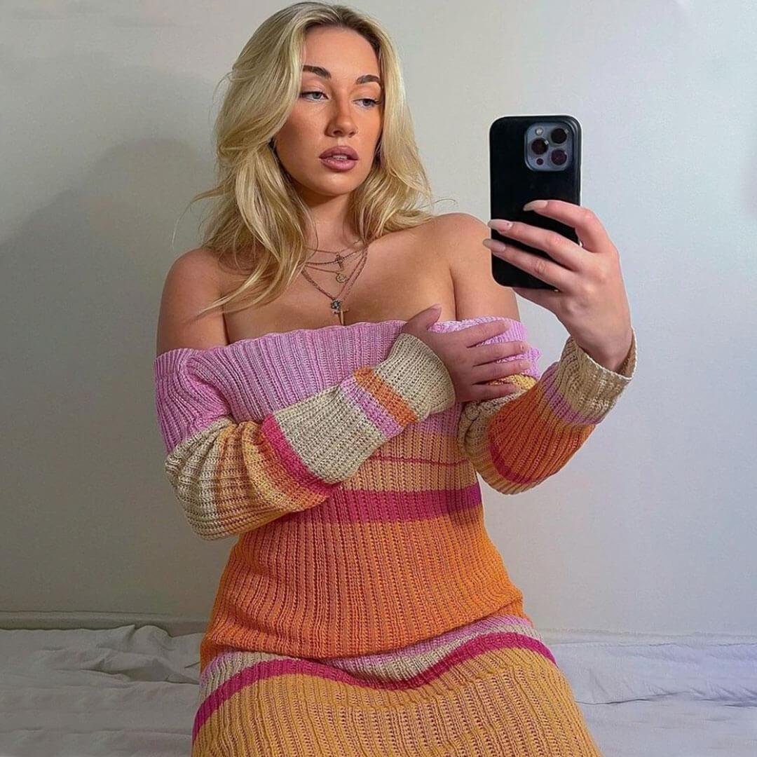 Versatile Striped Long Sleeve Crochet Knit Maxi Dress - Multicolor - View 3