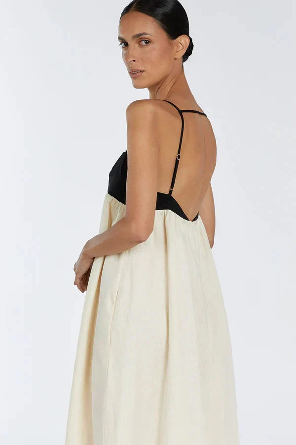 Square Neck Spaghetti Strap Empire Waist Colorblock Maxi Dress