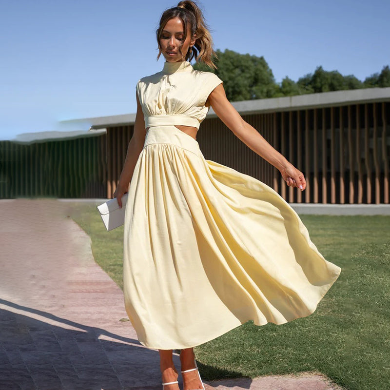 Claudia Minimalist Pleated Dress with High Neck Premium Wardrobe Essential
