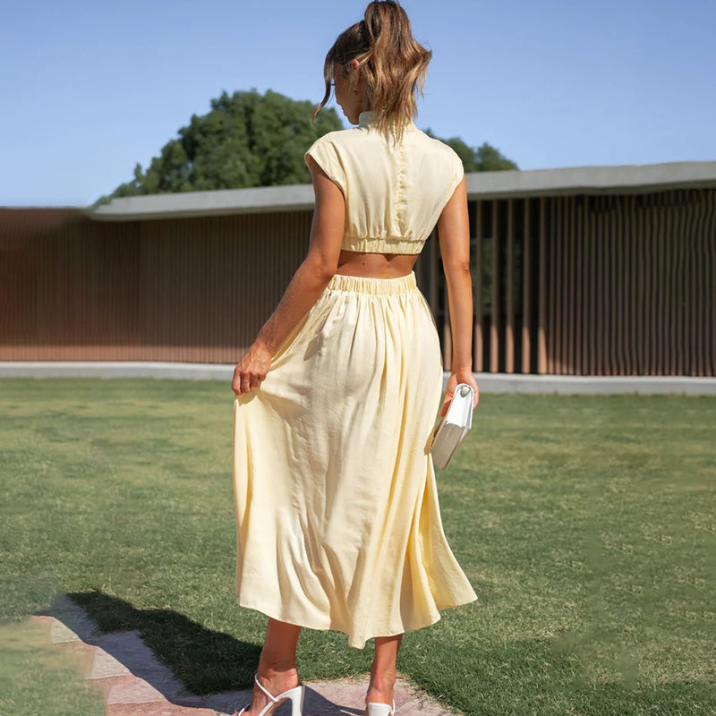 Pleated High Neck Short Sleeve A-Line Midi Dress
