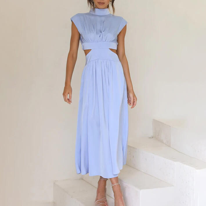Claudia Minimalist Pleated Dress with High Neck Premium Wardrobe Essential