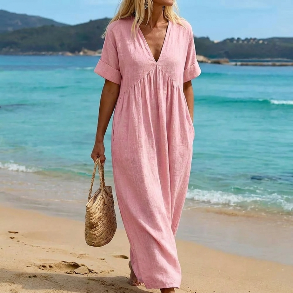 Deep V-Neck Short Sleeve Pocket Maxi Dress