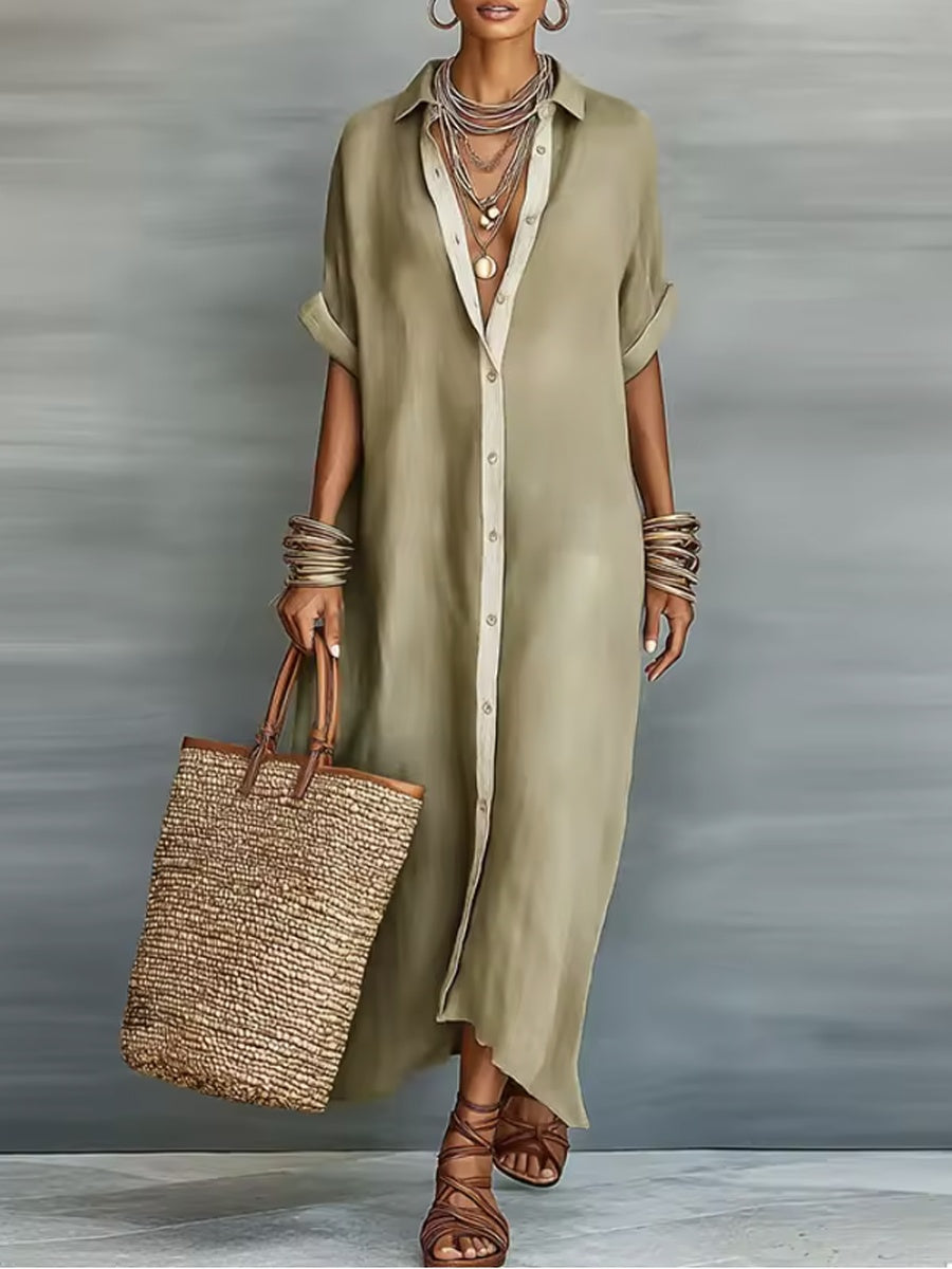 Collared Button Front Long Sleeve Linen Look Shirt Maxi Dress