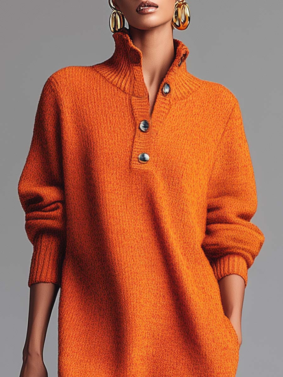 Knit High Neck Long Sleeve Button Shift Midi Dress 2