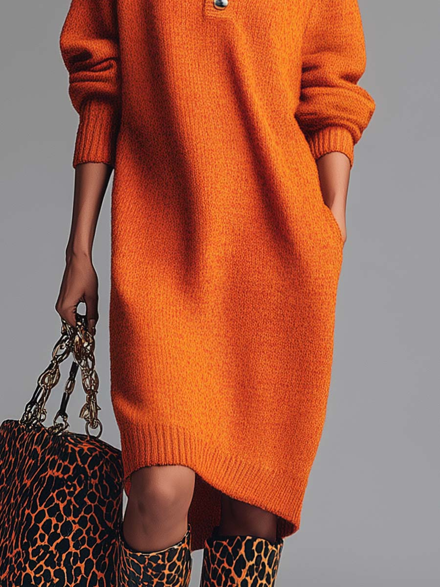Knit High Neck Long Sleeve Button Shift Midi Dress 3