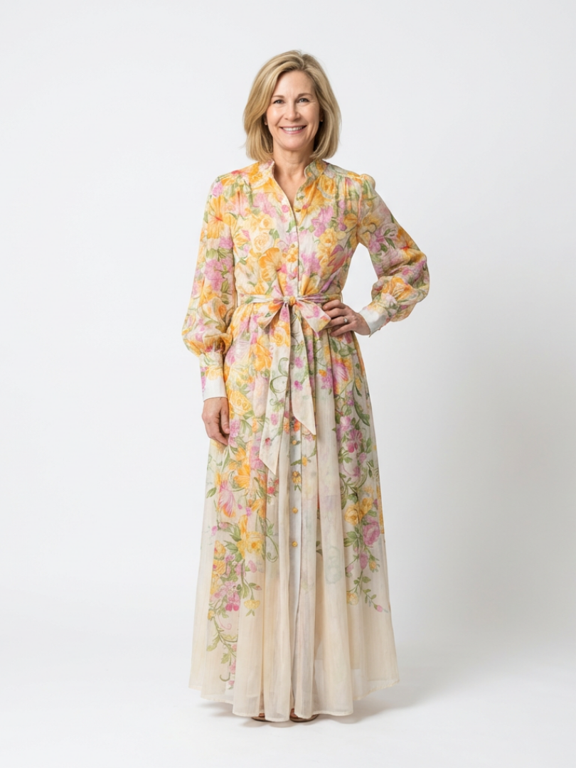 Floral Long Sleeve Button Front Belted Sheer Maxi Dress