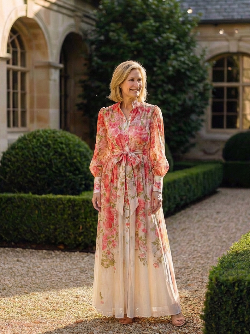 Floral Long Sleeve Button Front Belted Sheer Maxi Dress