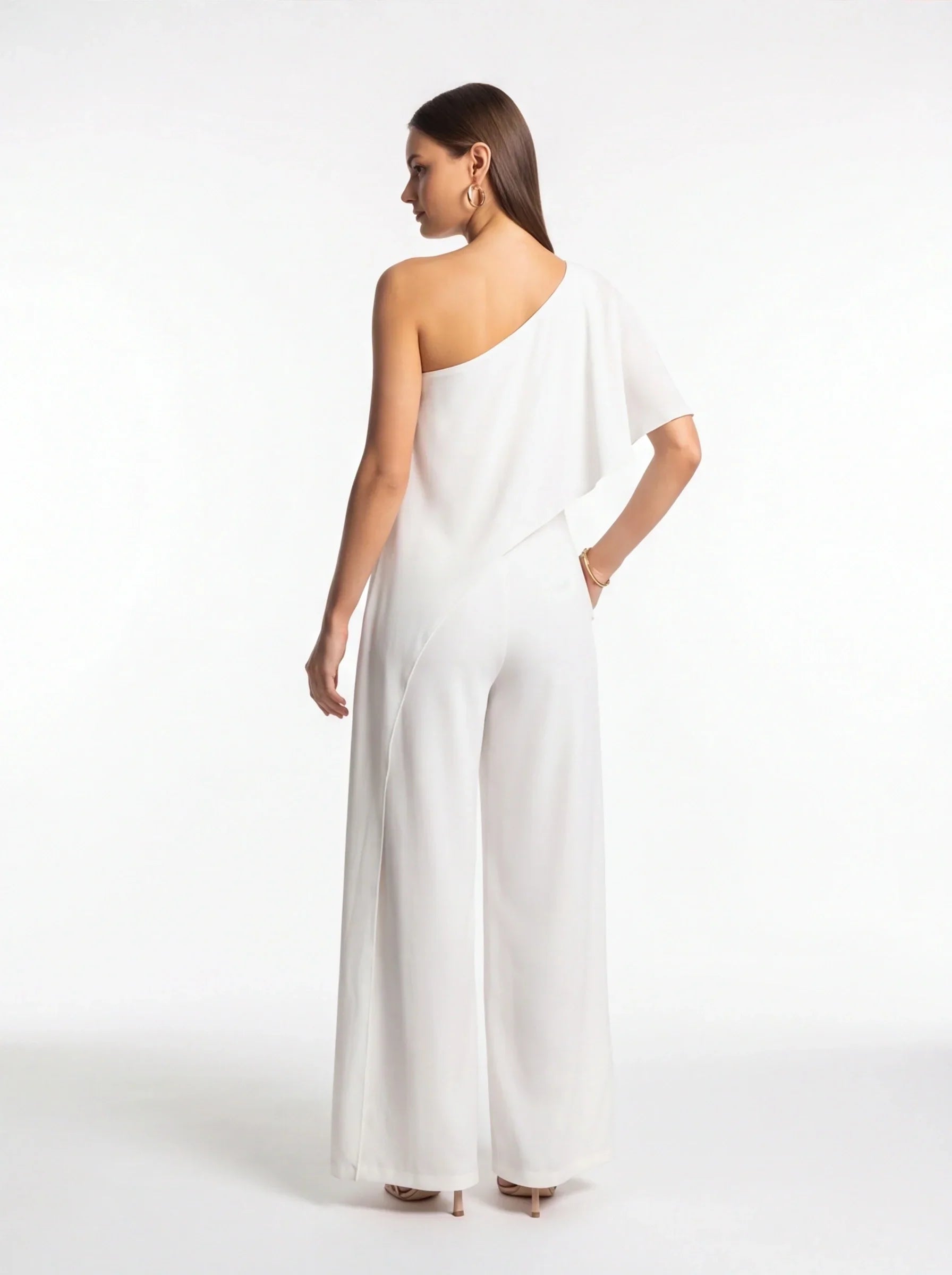 One Shoulder Draped Tiered Overlay Wide Leg Jumpsuit
