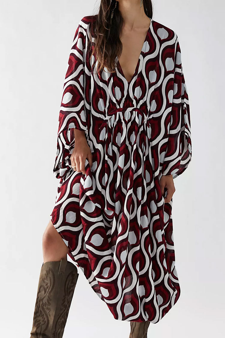 Vibrant Print V Neck Dolman Sleeve Oversized Beach Vacation Maxi Dress