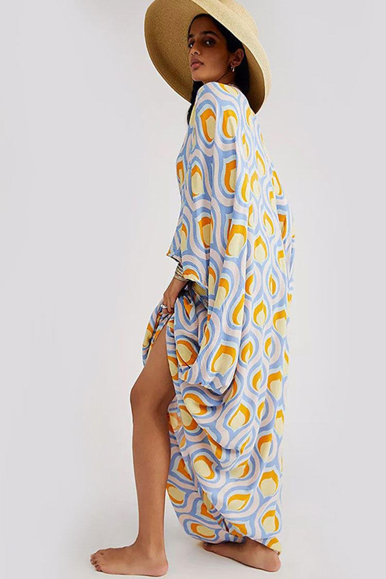 Vibrant Print V Neck Dolman Sleeve Oversized Beach Vacation Maxi Dress