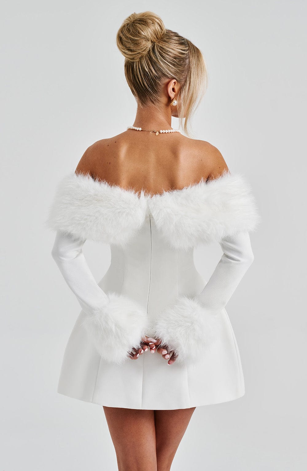 Faux Fur Trim Off Shoulder Long Sleeve Flared Mini Dress 6