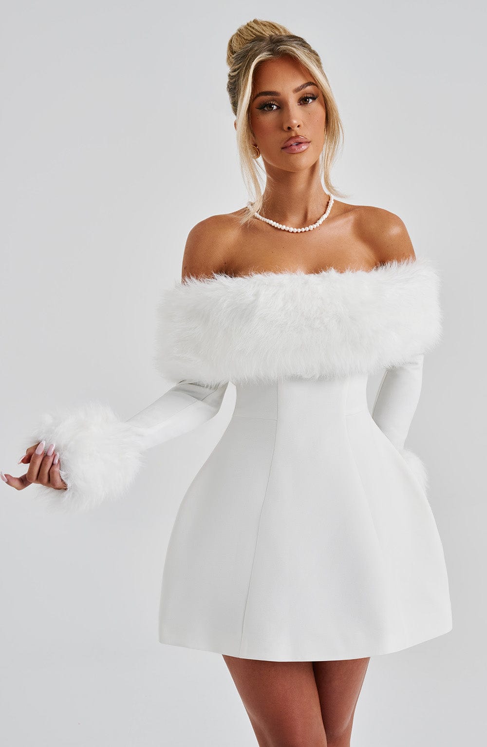 Faux Fur Trim Off Shoulder Long Sleeve Flared Mini Dress 8