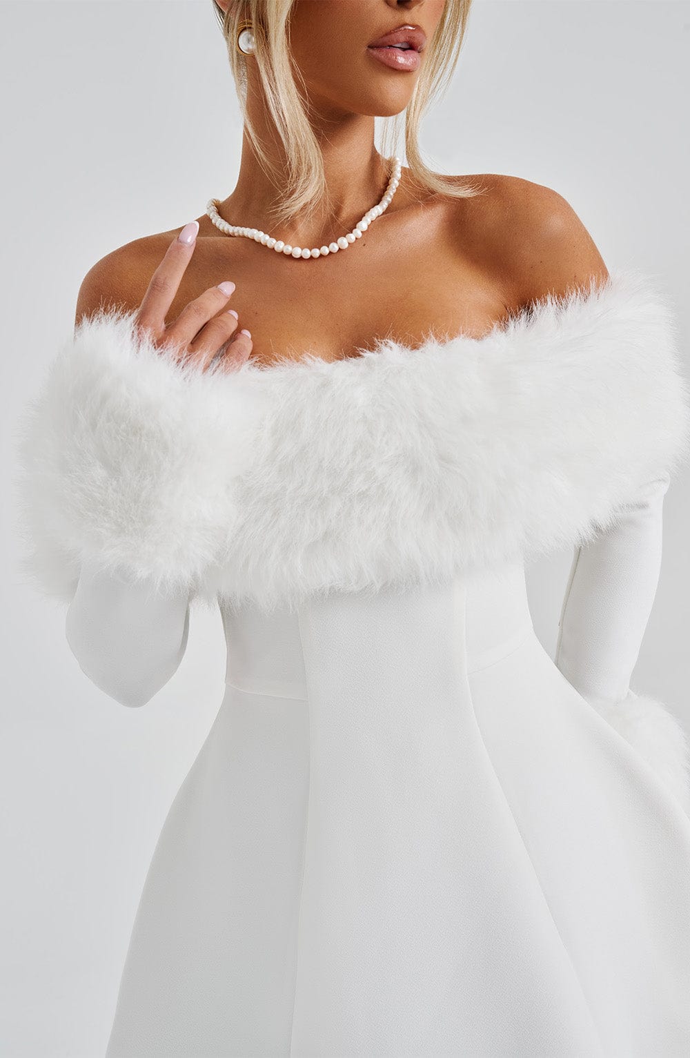 Faux Fur Trim Off Shoulder Long Sleeve Flared Mini Dress 3