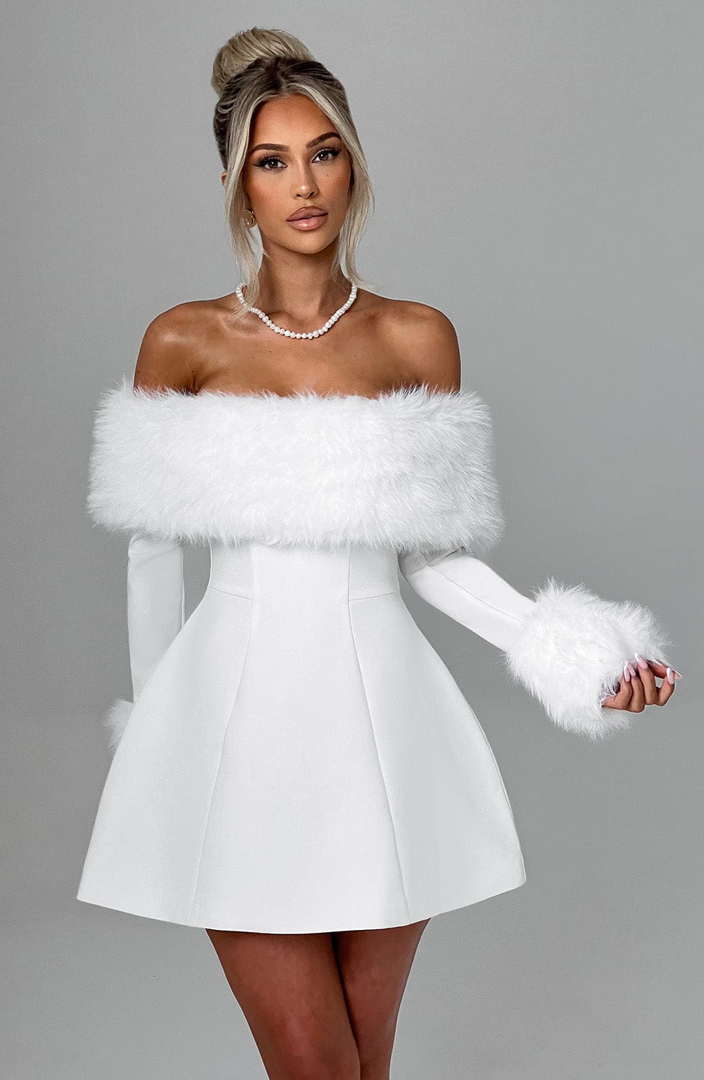 Faux Fur Trim Off Shoulder Long Sleeve Flared Mini Dress 5