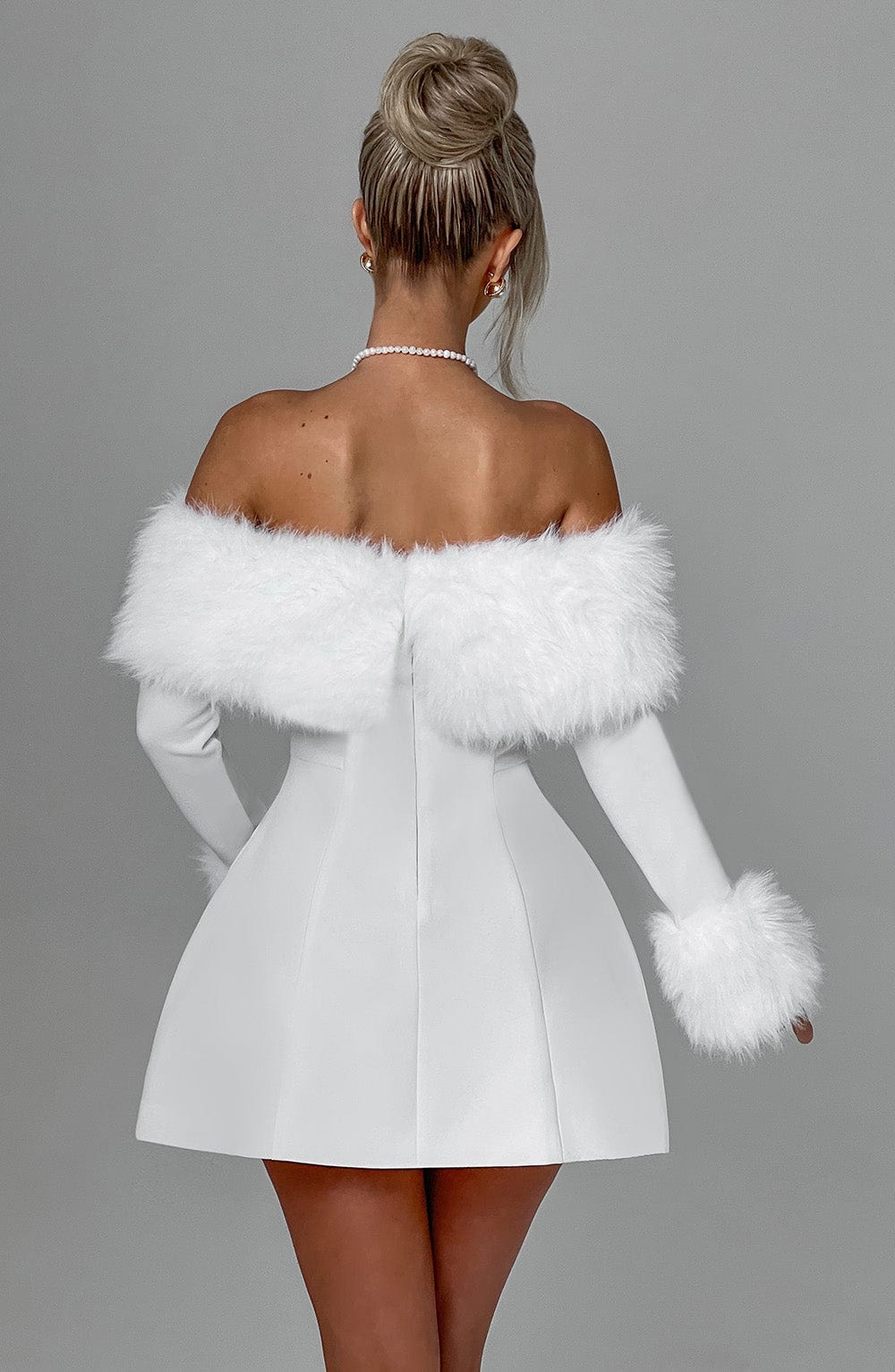 Faux Fur Trim Off Shoulder Long Sleeve Flared Mini Dress 2