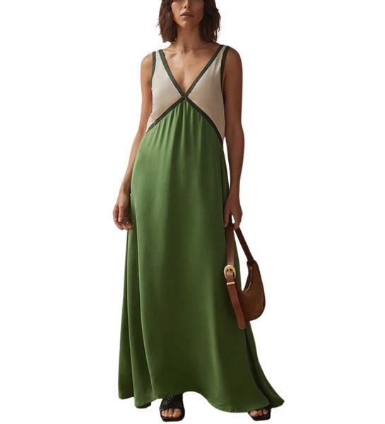 Deep V-Neck Contrast Trim Sleeveless Satin Slip Midi Dress