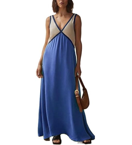 Deep V-Neck Contrast Trim Sleeveless Satin Slip Midi Dress