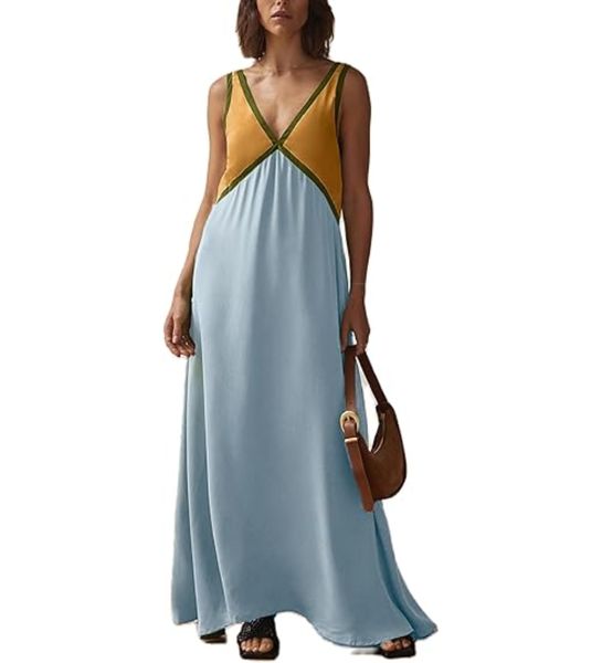 Deep V-Neck Contrast Trim Sleeveless Satin Slip Midi Dress