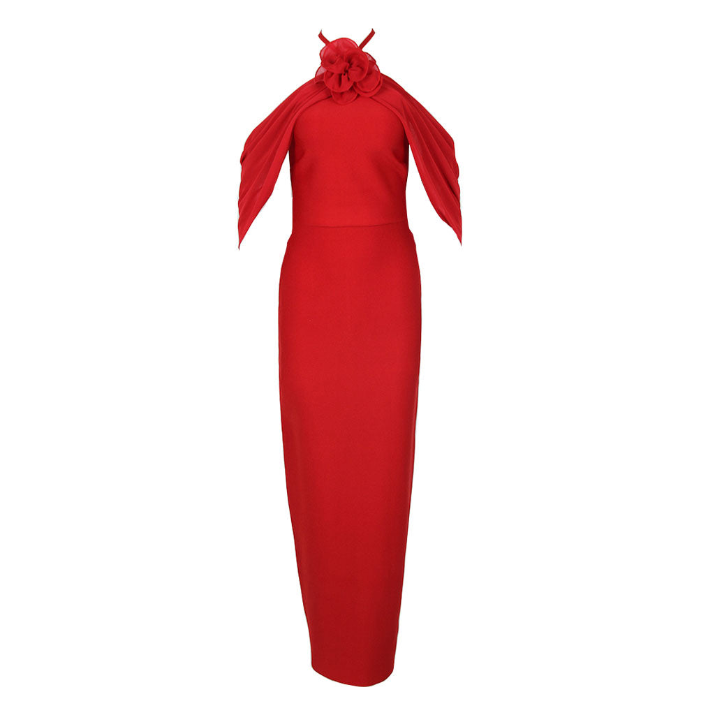 Vintage 3D Rosette Corsage Ruched Mesh Bandage Split Maxi Halter Formal Dress