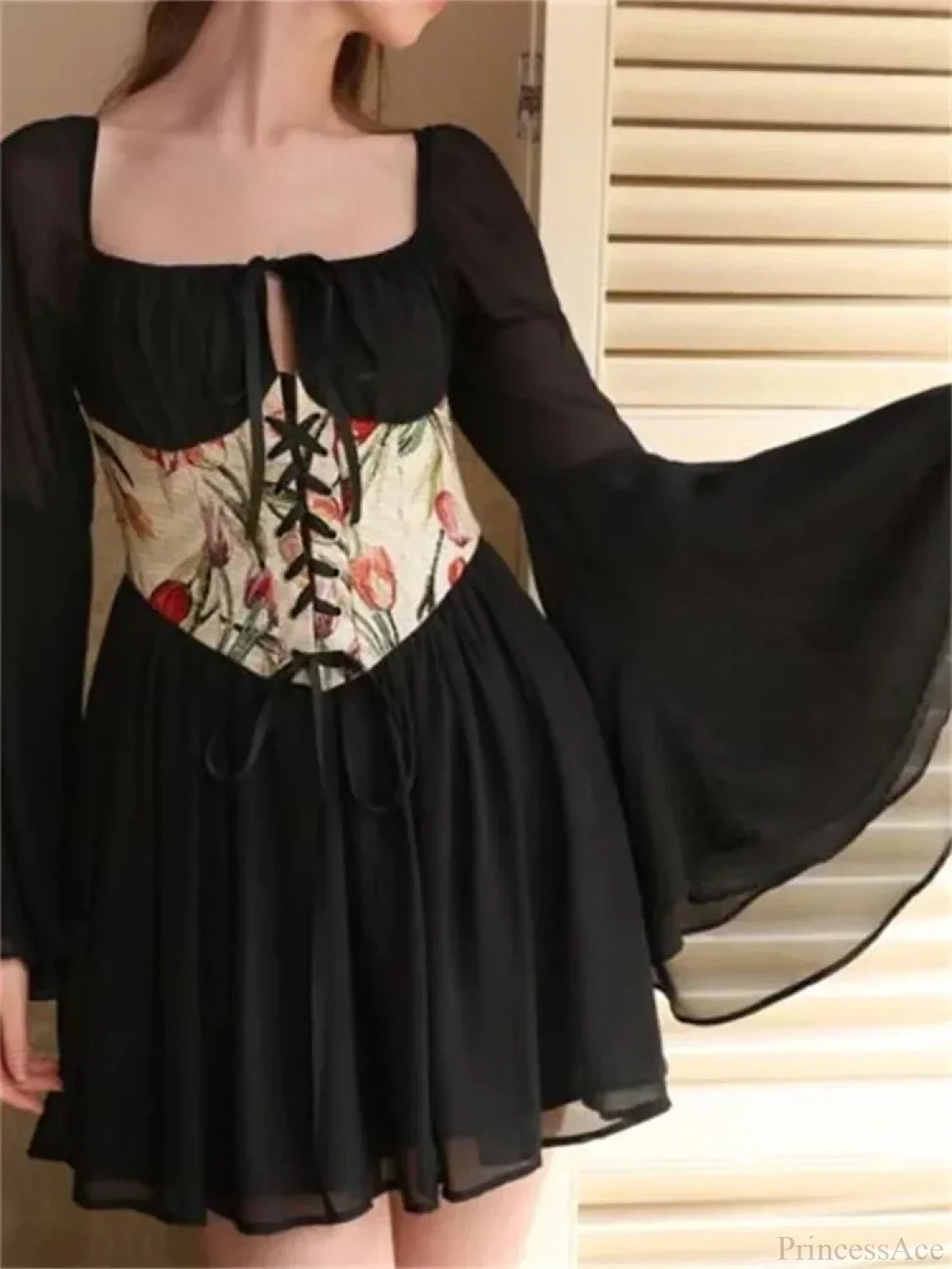 Floral Print Off Shoulder Ruffle Lace Up Corset Mini Dress