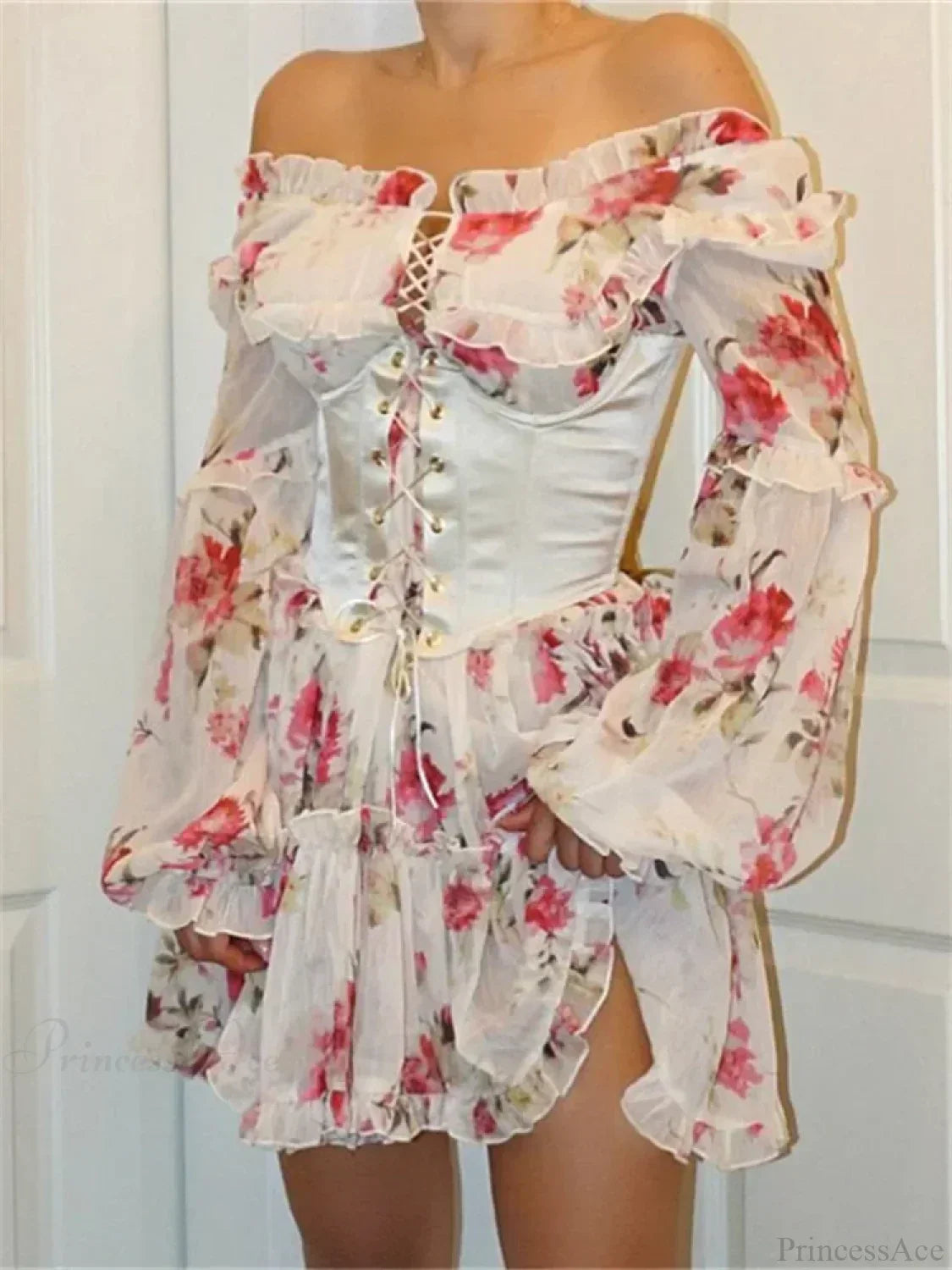 Floral Print Off Shoulder Ruffle Lace Up Corset Mini Dress