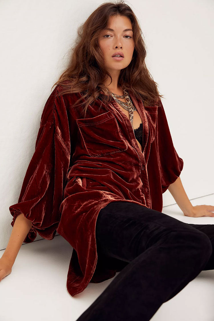 Vintage Bishop Sleeve Button Up Velvet High Low Shirt Dress - Rust - View 2