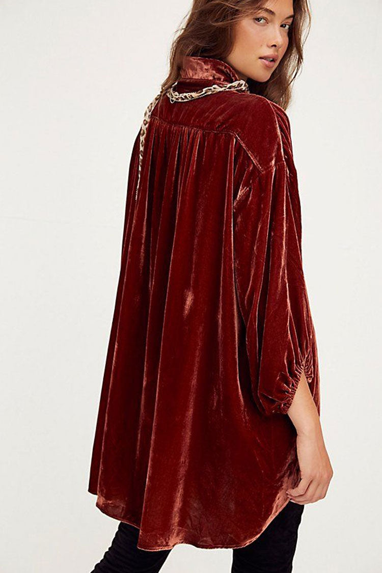Vintage Bishop Sleeve Button Up Velvet High Low Shirt Dress - Rust - View 3