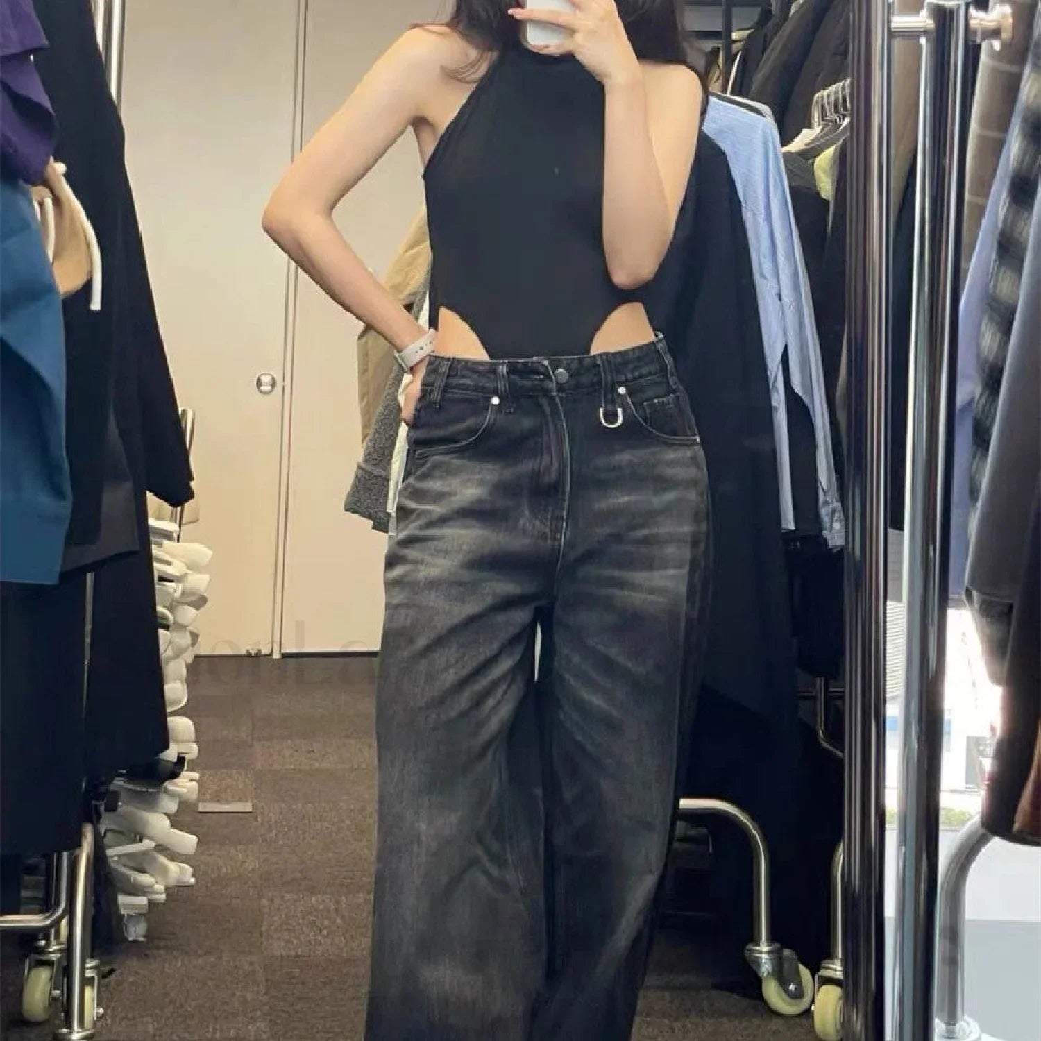 Vintage Black Wash Trendy Baggy Boyfriend Jeans