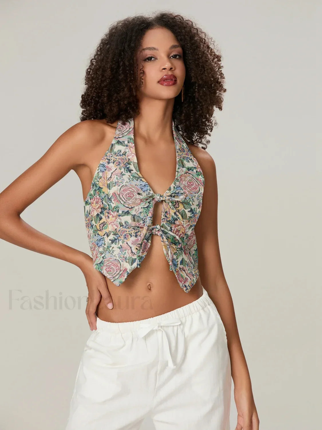 Vintage Bow-Front Halter Crop Top