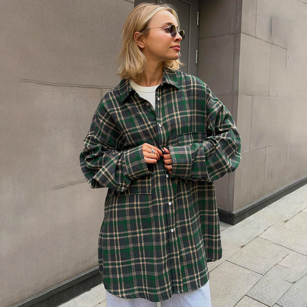 Vintage Collared Cargo Pocket Button Down Long Oversize Plaid Print Shirt