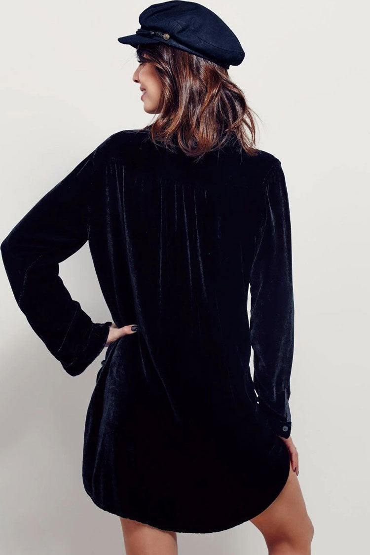 Vintage Collared V Neck Long Sleeve Velvet Mini Dress - Black - View 2