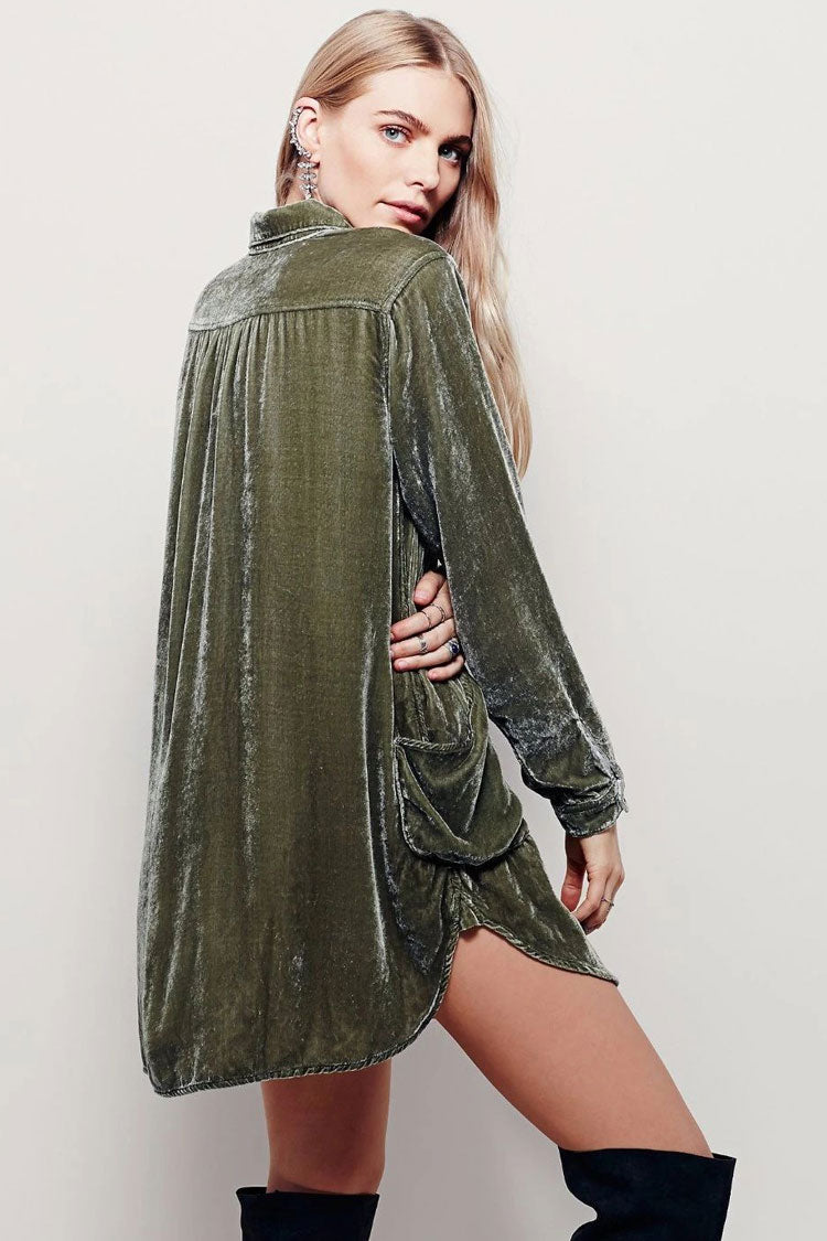 Vintage Collared V Neck Long Sleeve Velvet Mini Dress - Green - View 2