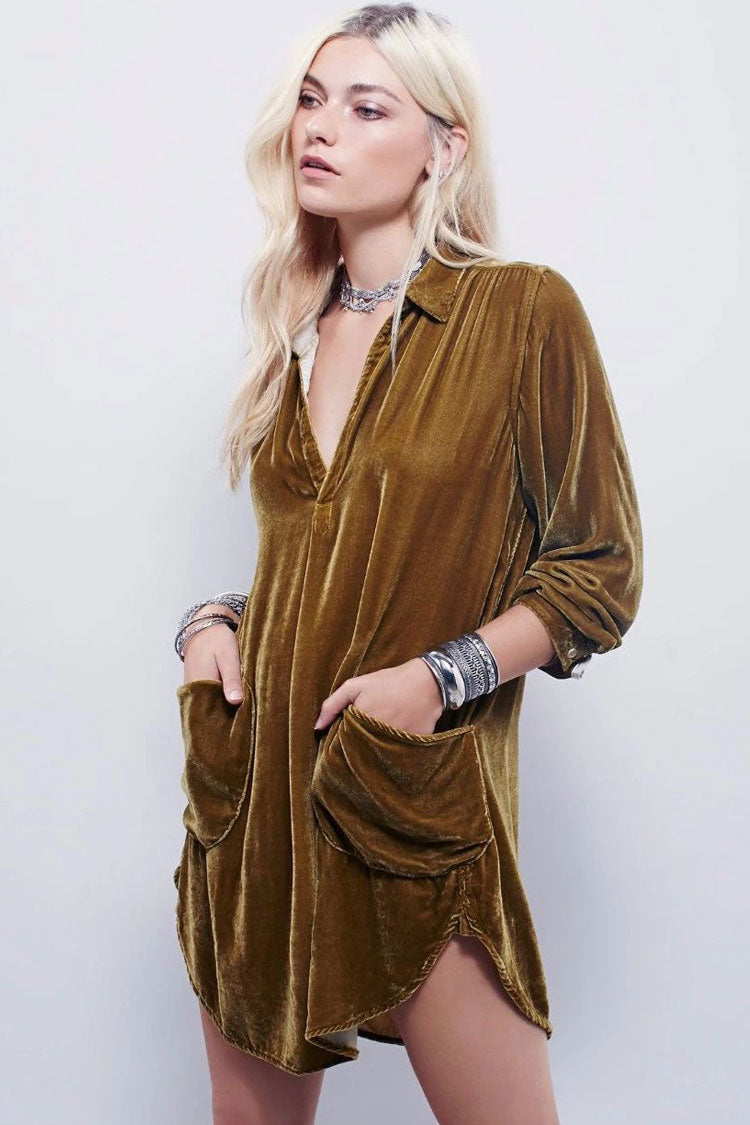 Velvet Collared V-Neck Long Sleeve Patch Pocket Mini Shirt Dress