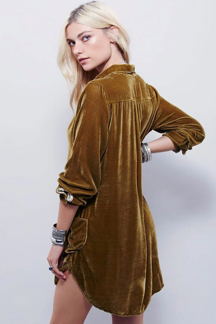 Vintage Collared V Neck Long Sleeve Velvet Mini Dress - Khaki - View 2