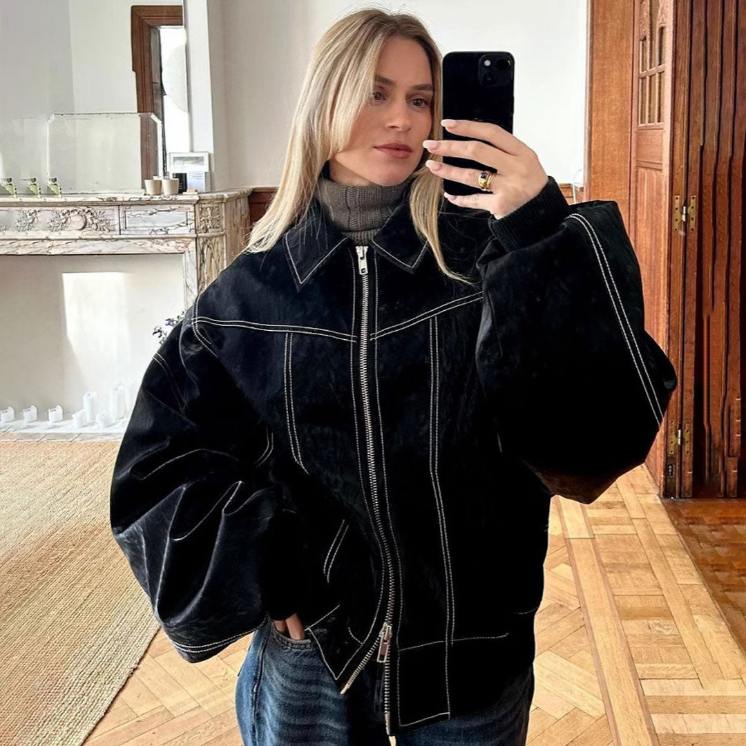 Vintage Collared Zip Up Contrast Stitch Oversized Faux Leather Jacket