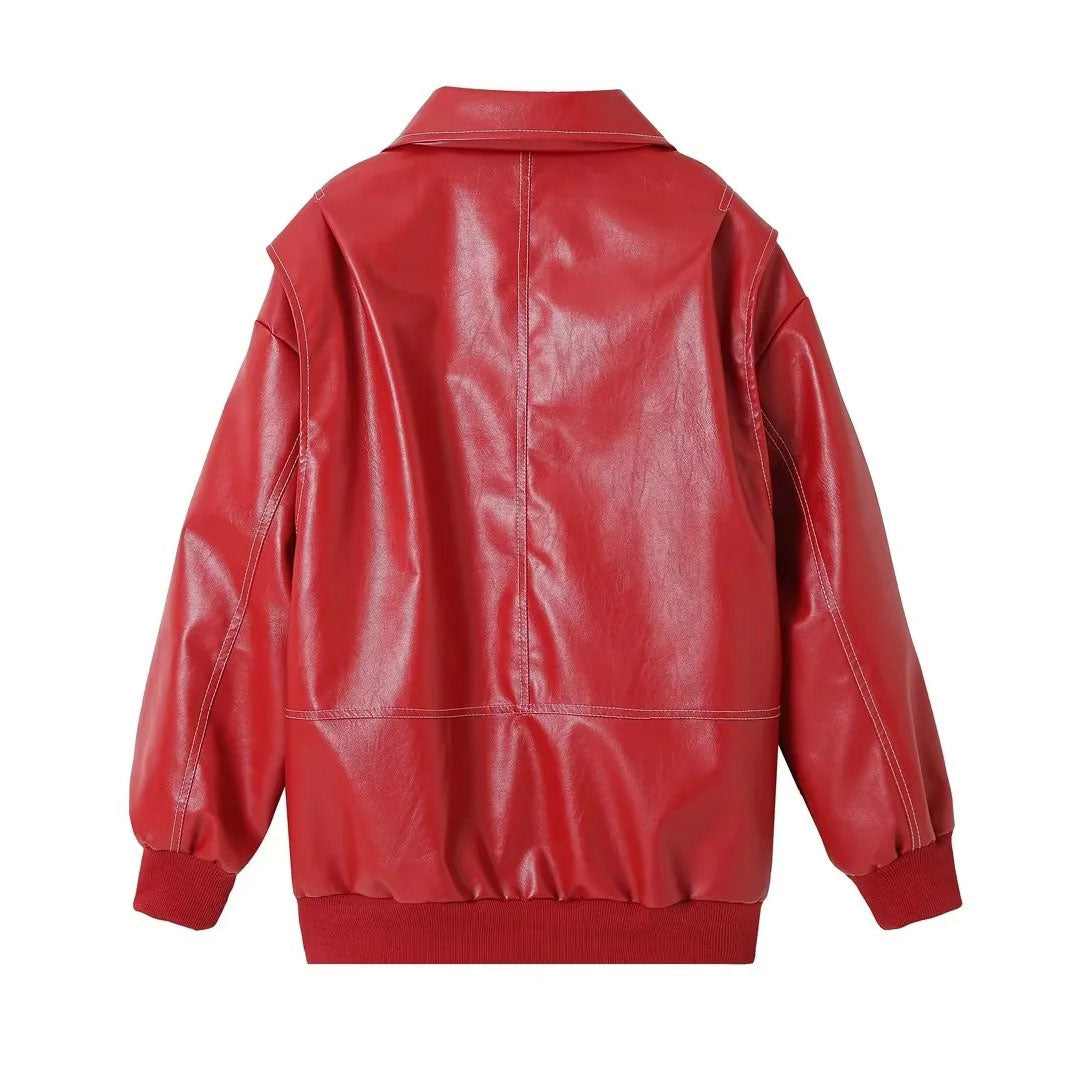 Vintage Collared Zip Up Contrast Stitch Oversized Faux Leather Jacket