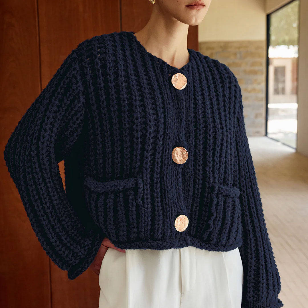 Vintage Crew Neck Gold Button Long Sleeve Chunky Cable Knit Cardigan