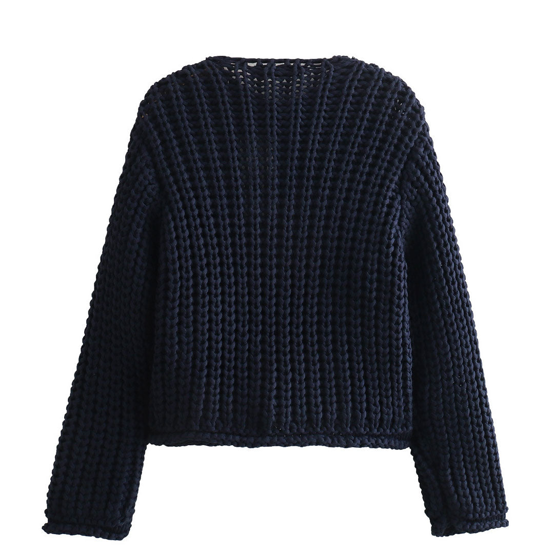 Vintage Crew Neck Gold Button Long Sleeve Chunky Cable Knit Cardigan