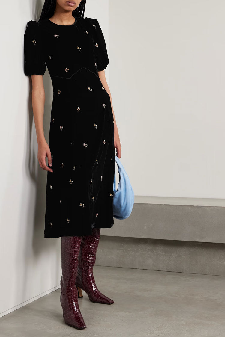 Floral Embroidery Puff Sleeve A-Line Velvet Midi Dress