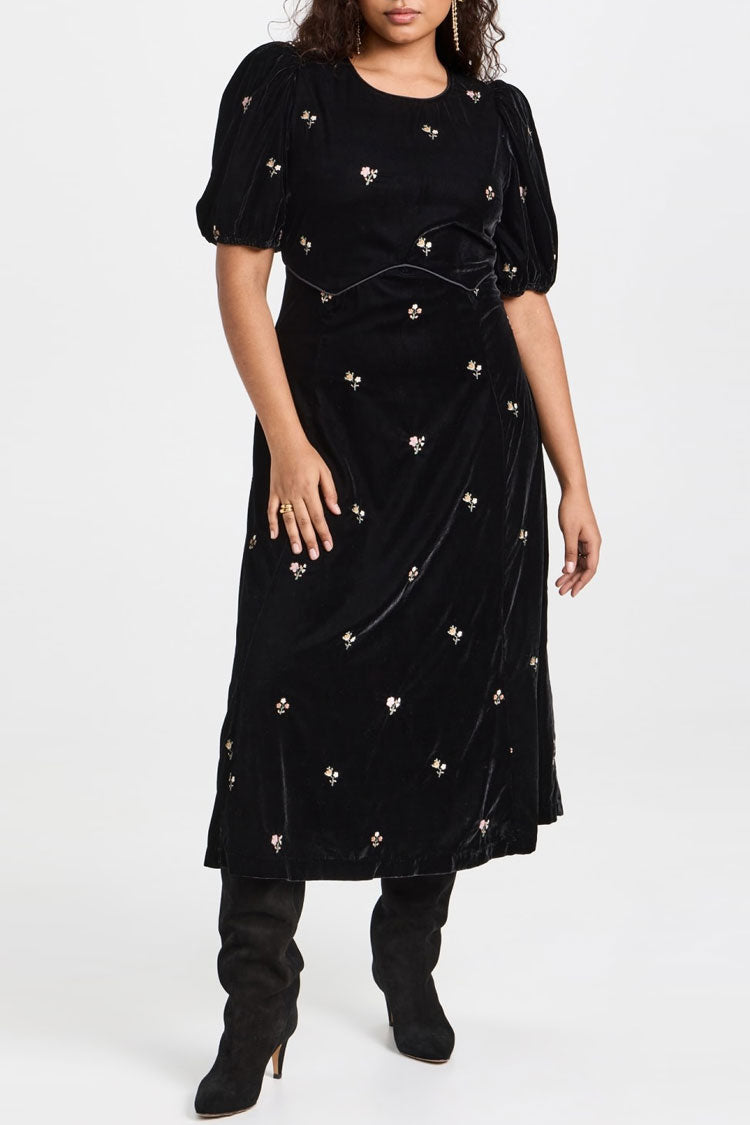 Floral Embroidery Puff Sleeve A-Line Velvet Midi Dress