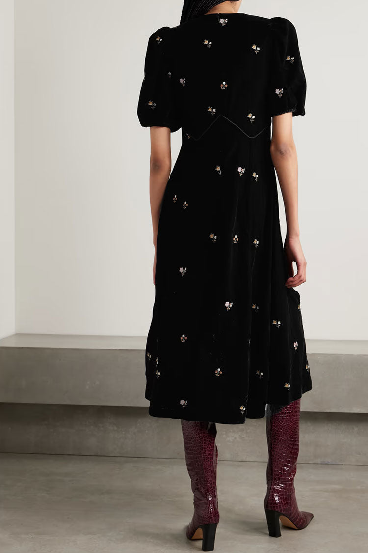 Floral Embroidery Puff Sleeve A-Line Velvet Midi Dress