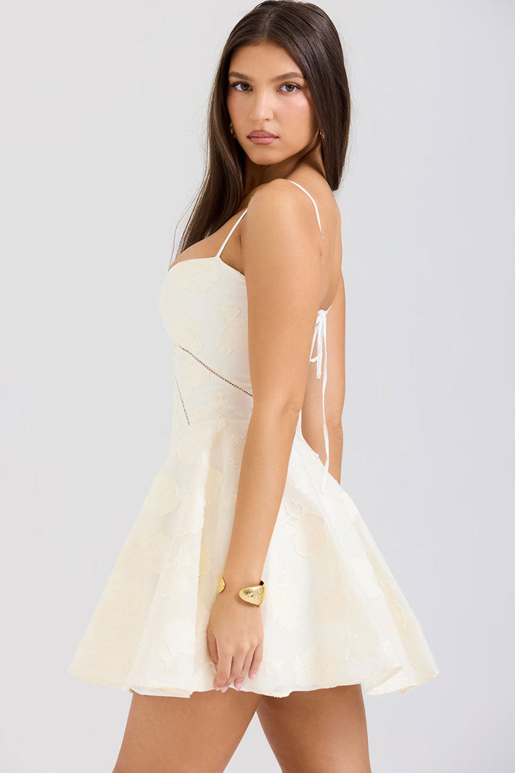 Vintage Floral Jacquard Lace Up Drop Waist Flare Hem Party Slip Mini Dress