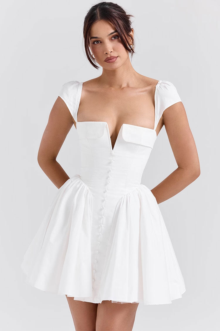 Vintage Folded V Neck Cap Sleeve Drop Waist Tulle Flared Party Mini Dress