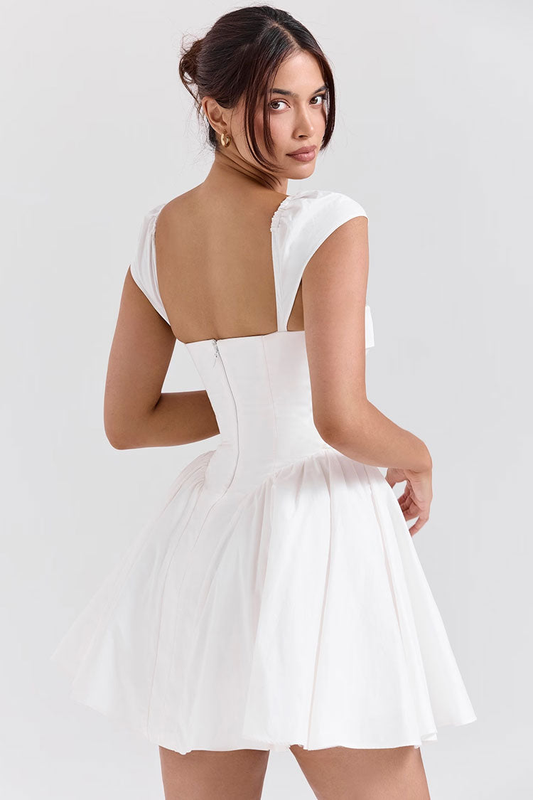 Vintage Folded V Neck Cap Sleeve Drop Waist Tulle Flared Party Mini Dress