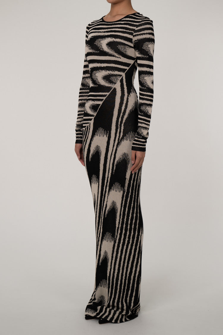 Vintage Geometric Print Crew Neck Long Sleeve Sheath Sweater Maxi Dress