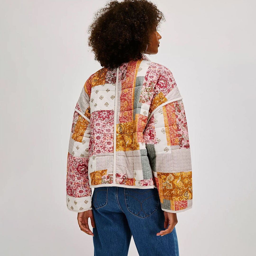 Vintage High Neck Drop Shoulder Contrast Trim Cargo Pocket Quilted Jacket