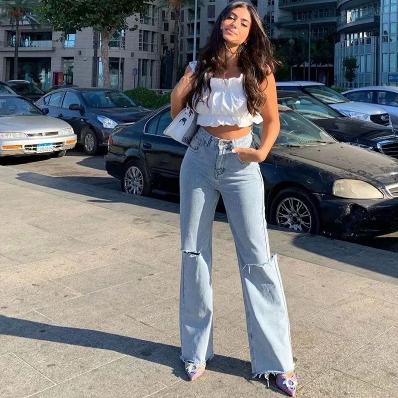 Vintage High Waist Cut Out Frayed Straight Leg Jeans - Light Blue