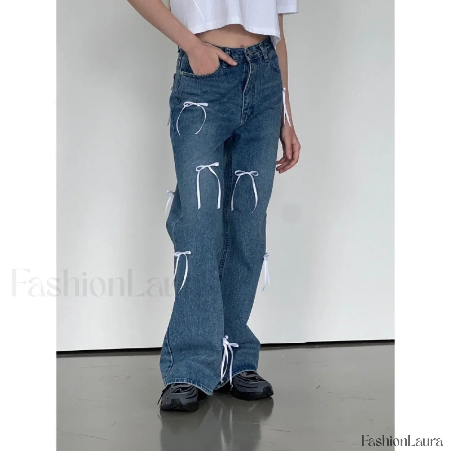 Vintage High Waist Trendy Bow Wide Leg Jeans