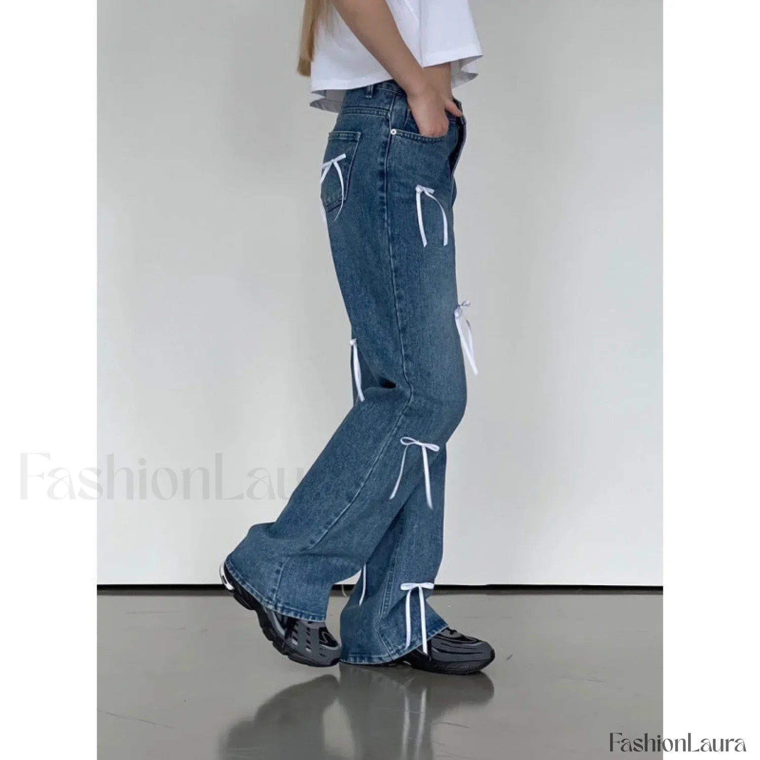 Vintage High Waist Trendy Bow Wide Leg Jeans