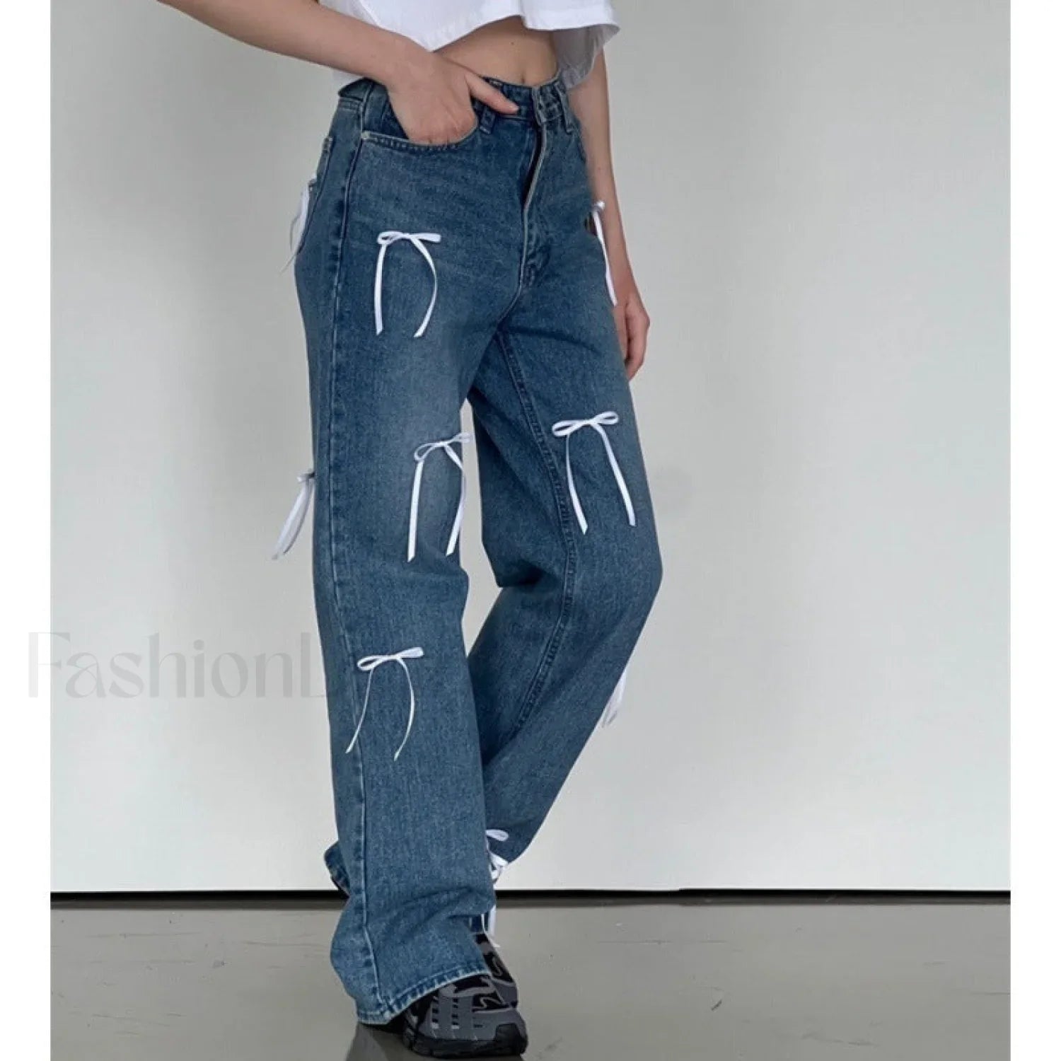 Vintage High Waist Trendy Bow Wide Leg Jeans